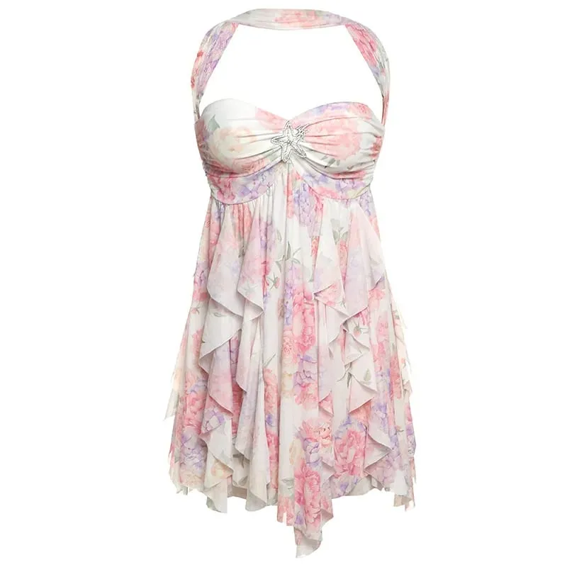 Flower Printed Mesh Strapless Mini Dress Low Neck Sleeveless Backless Dresses Chic High Street Daily Commute 2025 Lady New Robe — image 9