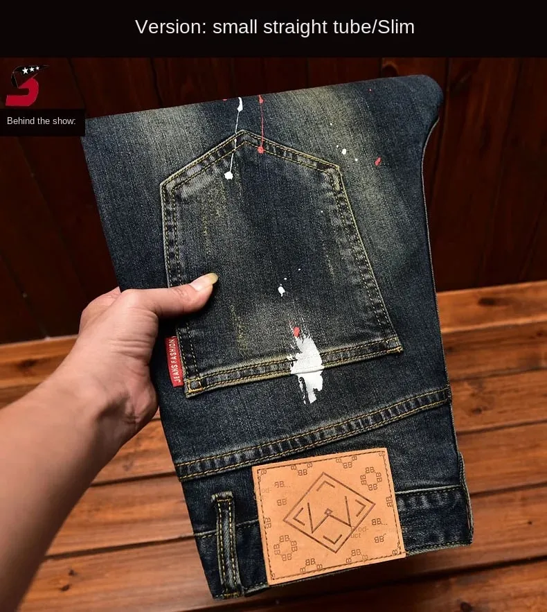 Jeans men's autumn and winter slim-fitting small straight elastic trend American patchwork retro denim nostalgic trousers — image 8