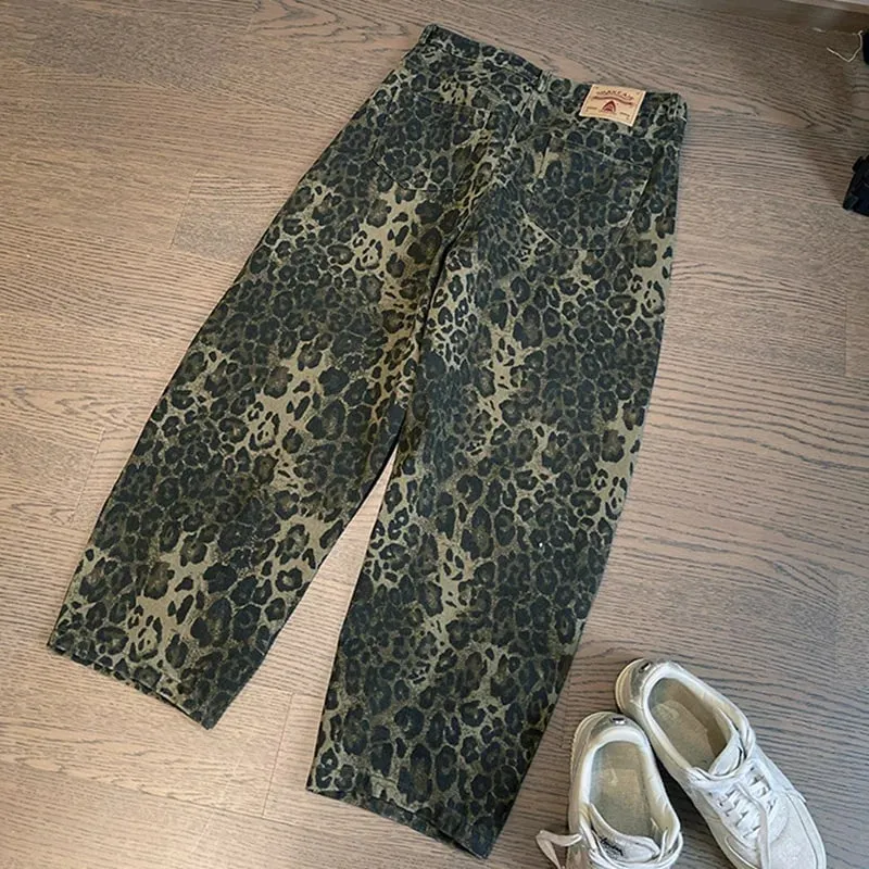 Men Loose Wide Leg Leopard Graphic Jeans Male Classic American Vintage Denim Pants Youth Popular Daily Streetwear Denim Trousers — image 6
