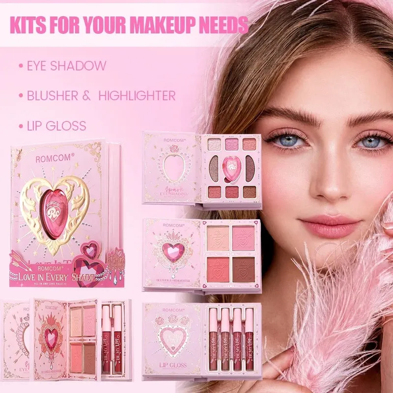 Pink Heart Decor Full Face Makeup Combo 9 Neutral Eye Shades 4 Cheek Tints 4 Nude Matte Lip Gloss Portable Design — image 6