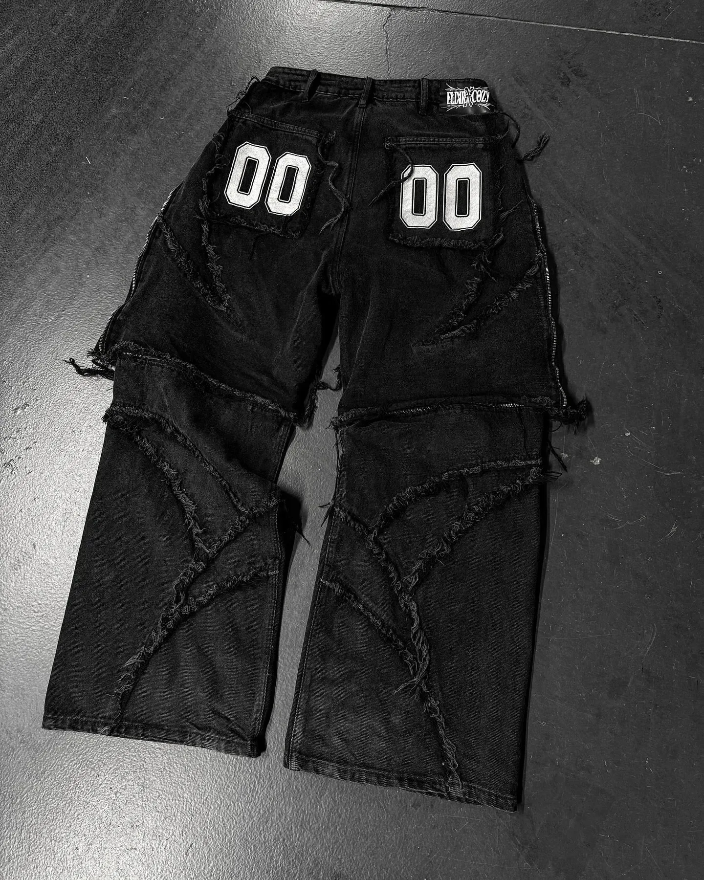 Elixir X Cozy Detachable Jeans Retro Punk Streetwear Ziipper Patchwork Stripe Denim Pants Men Black Baggy Hip Hop Splicing Jeans