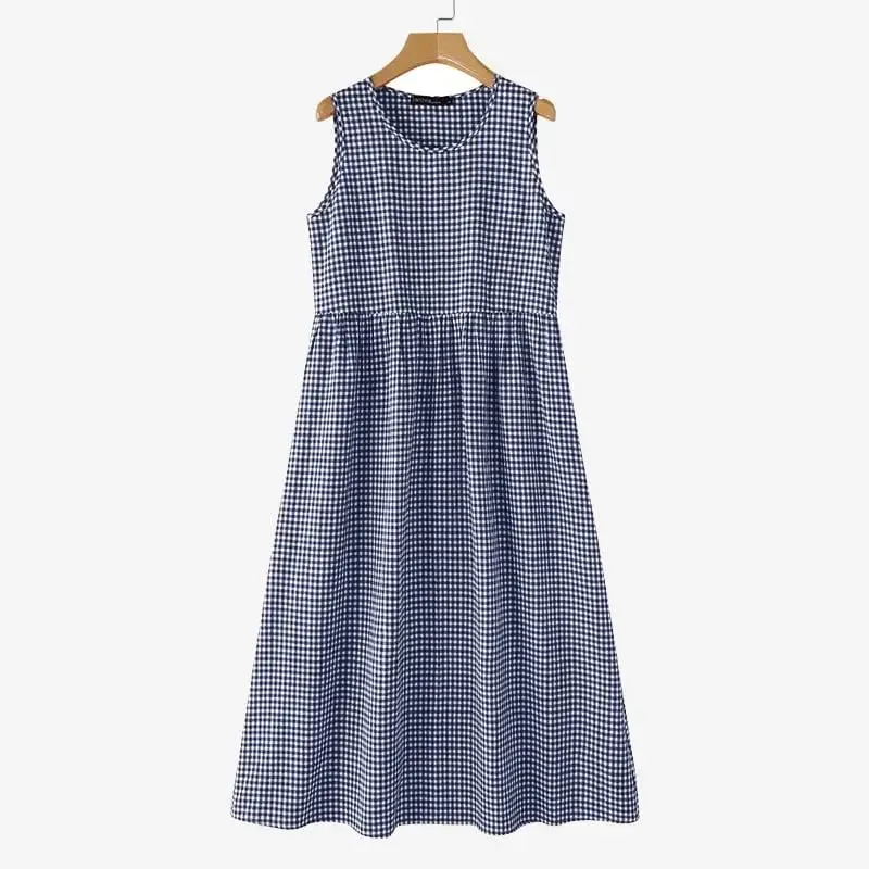 Summer Plaid Checked Sundress Sleeveless Bohemain Holiday Dresses Women Elegant O Neck Dress Casual Baggy Work Vestidos