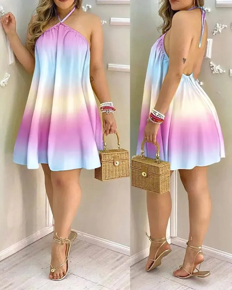 Women's 2026 Tropical Leaf Print Halter Neck Mini Dress Sleeveless Backless A-Line Summer Beach Sundress Casual — image 3
