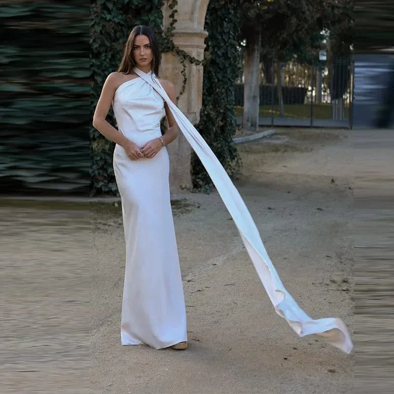 Sexy Satin Ribbon Halter Party Dress Women Elegant Backless Off Shoulder Sleeveless Dresses 2026 Summer New Famale Solid Robes