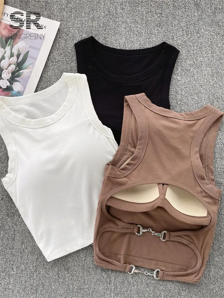 Sleeveless Knit Top Women Backless Korean Bra O Neck Solid Elastic Waist Ladies Elegant Fashion Casual Crop Top — image 2
