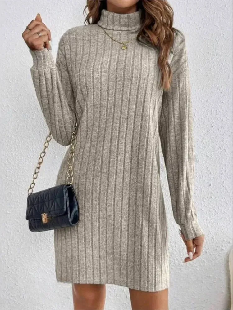 Autumn Winter Dress Woemn Casual Trutleneck Long Sleeve Solid Knitted Dress 2024 New Fashion Loose Comfortable Dresses Female — image 1