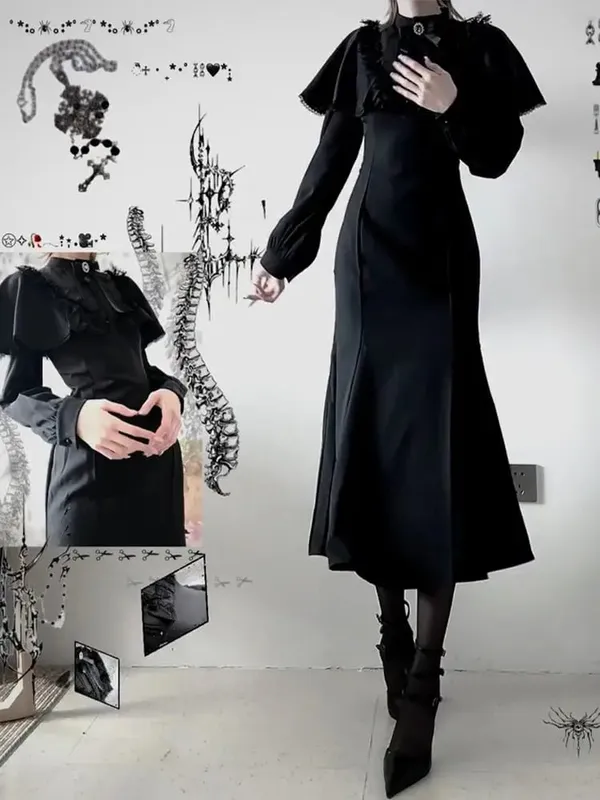 Streetwear Black Vintage Lace Patchwork Dresses Grunge Y2k Aesthetic Pleated Vestidos Gothic Harajuku Woman Bodycon Bow Dress