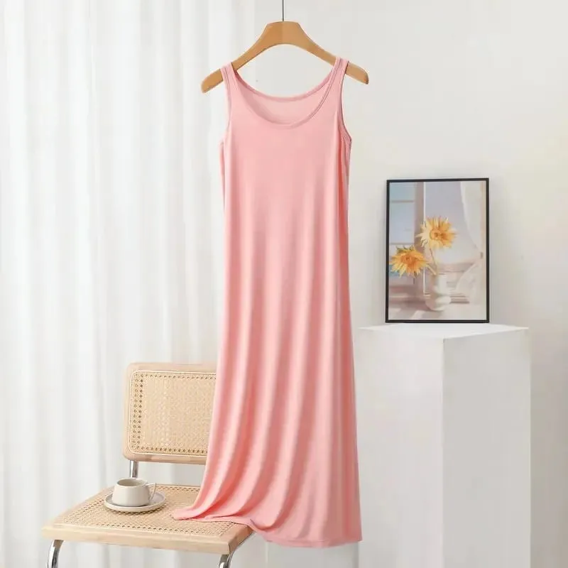 Plus Size Modal Long Dress Women's Spring Summer Loose A- Line Bottoming Skirt Home Sleepwear Sleeveless Pure Color Gown — image 19