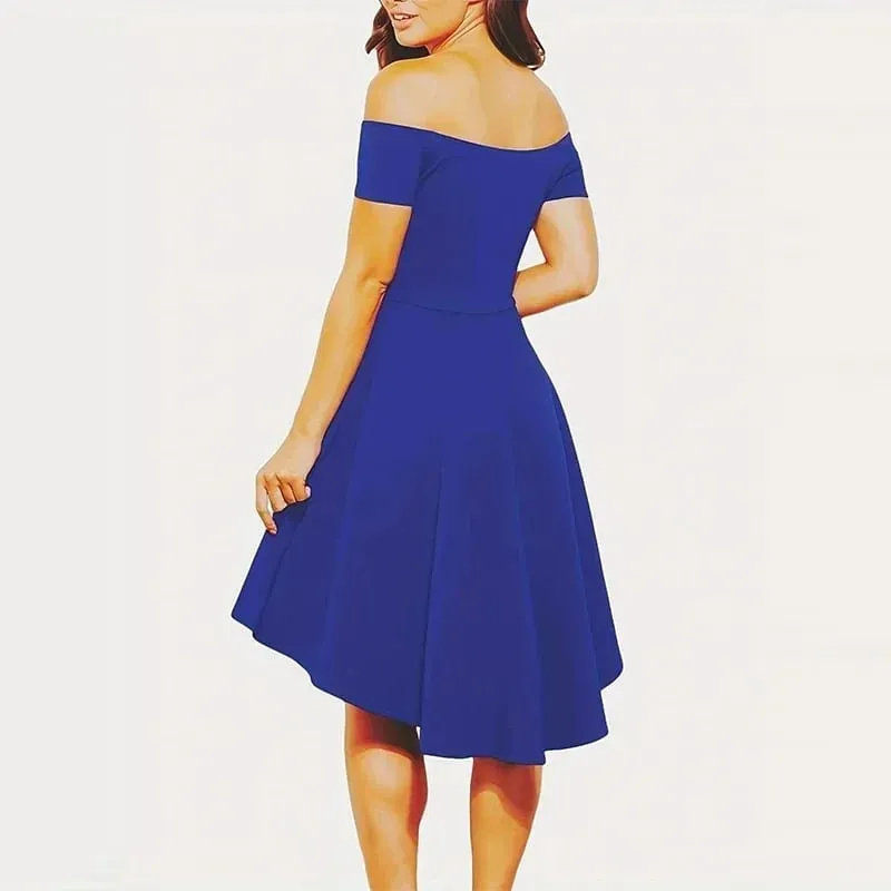 Off-Shoulder Elegance Women’s Asymmetrical Midi Dress - Solid Slim-Fit Season-Versatile Comfort Stretch — image 3