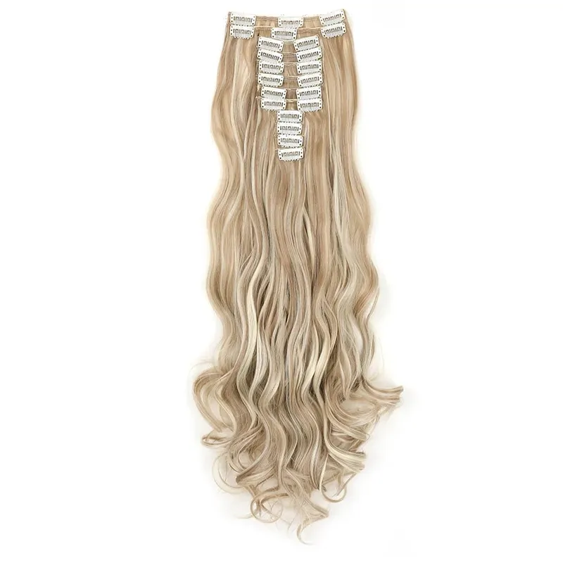 12pcs Highlight Balayage Dark Brown Hairpieces Clip in Hair Extensions 24inch Light Brown&Honey Blonde Synthetic Wavy Hair — image 20