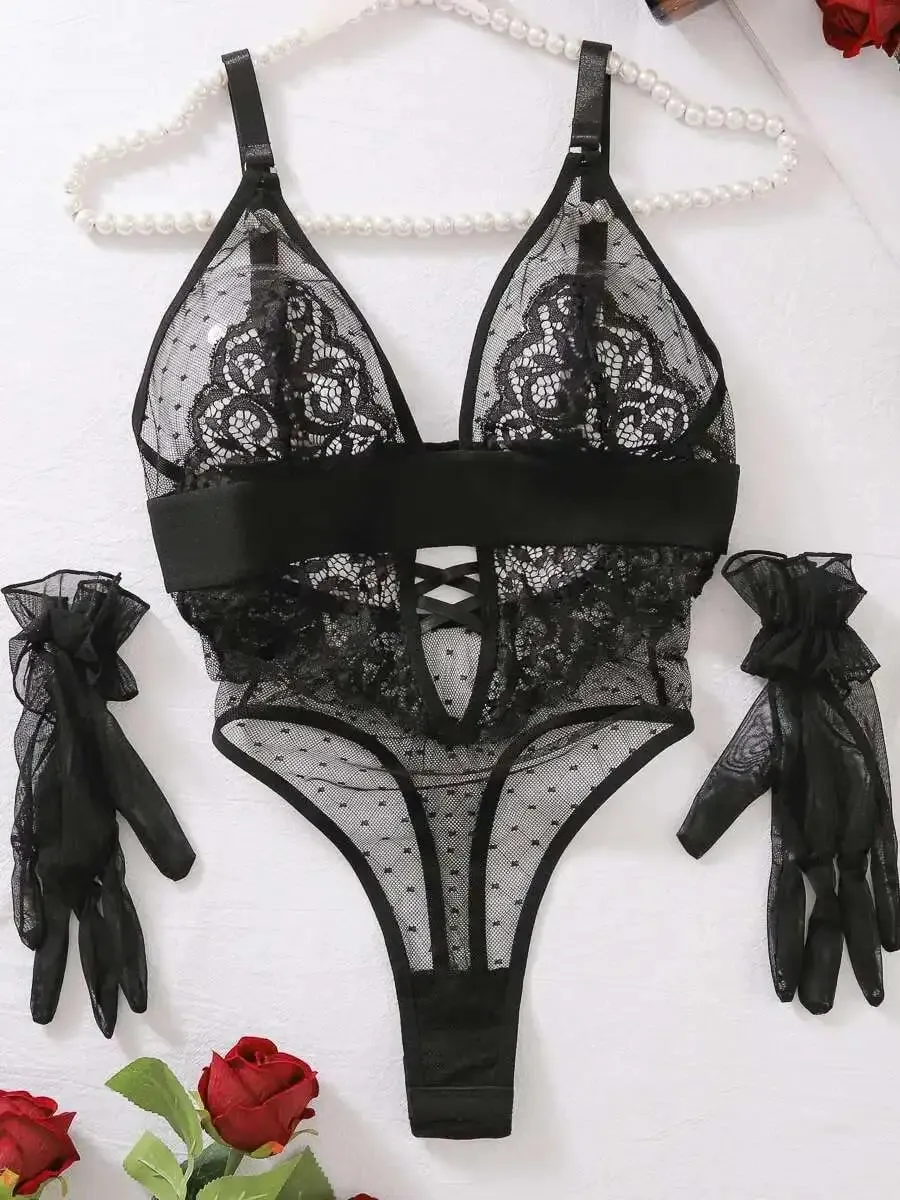 Sexy Bodysuits Polka Dot Mesh Flower Embroidery Lace Glove Backless Deep V Suspenders Sleeveless Bodysuits Charming Casual LE4A — image 7