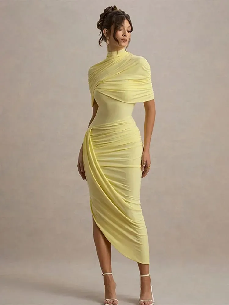 Irregular Pleated Ruched Maxi Dress Women's Backless Turtleneck Slim High Waist Robes Summer Lady Chic Street Vestidos 2025 New — image 2