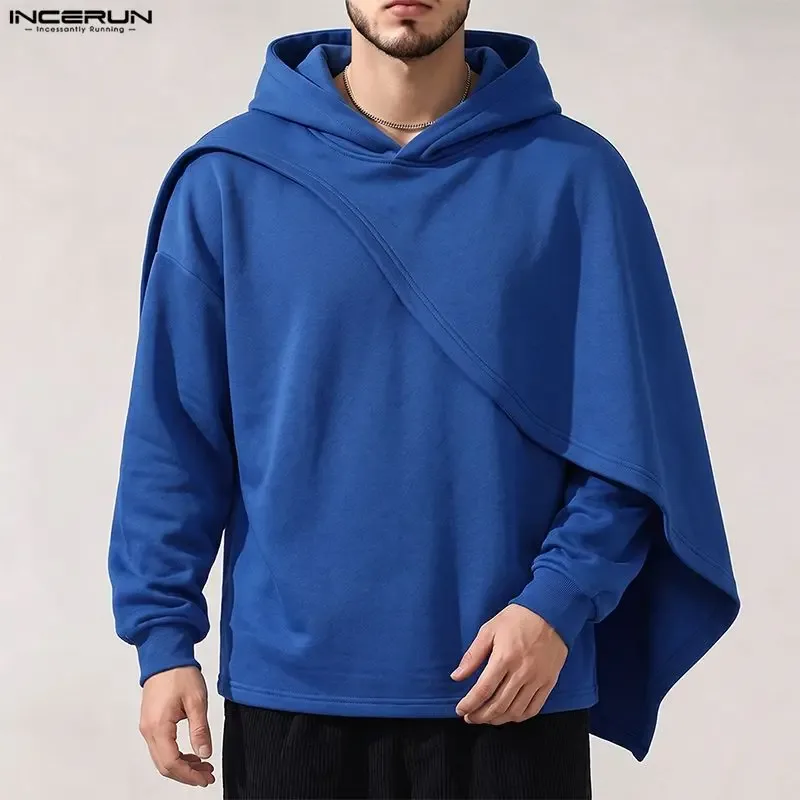 Men's Hoodies Ponchos Solid Color Hooded Long Sleeve Irregular Sweatshirts For Man Loose Stylish Casual Cape INCERUN Streetwear — image 4