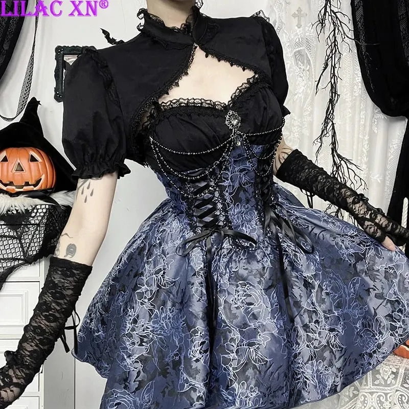 Vintage Elegant Lace Trim A-Line Mini Dresses Y2K Goth Floral Lace-up Short Dress Short Sleeve Smock Women Autumn New Fashion — image 2
