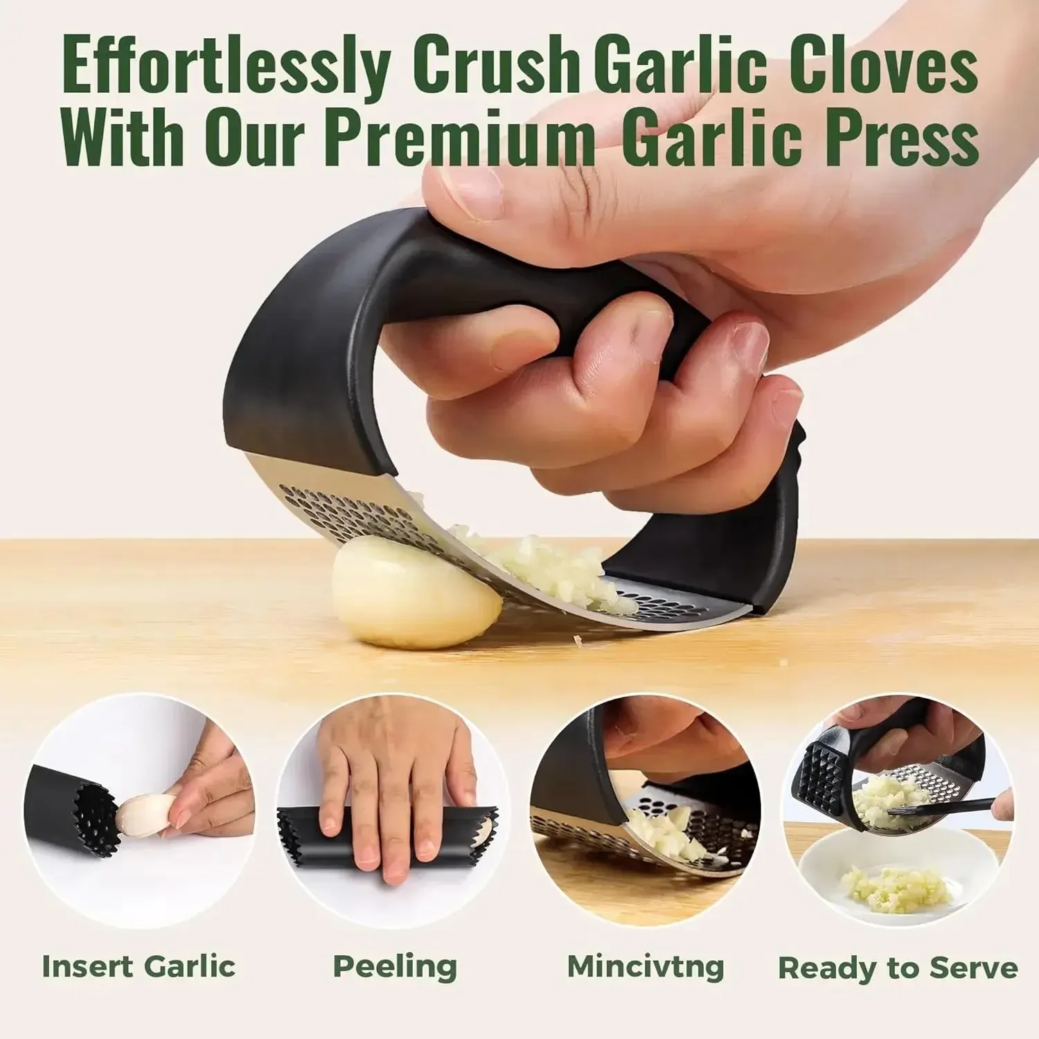 Stainless Steel Garlic Press Rocker Garlic Mincer Garlic Crusher Easy-Squeeze Tool with Peeler and Cleaning Brush for Smashing — image 2