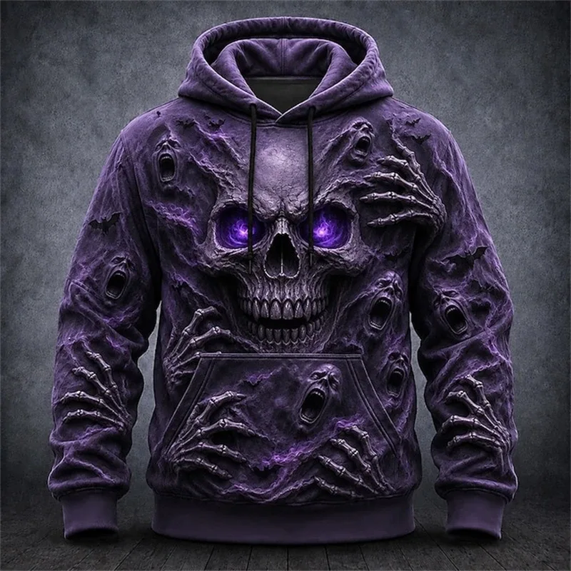 Men's Autumn Winter Halloween Hoodie Casual Pullover with Spooky Skull Print Loose Fit Festive Street-Style Top for Parties — image 8