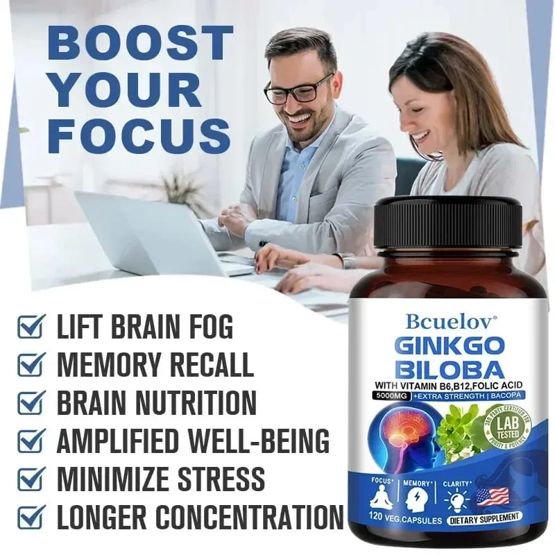 Ginkgo Biloba 5000 mg Extra Strength - Supports Brain Function and Memory Focus Stress Relief 120 Veggie Capsules