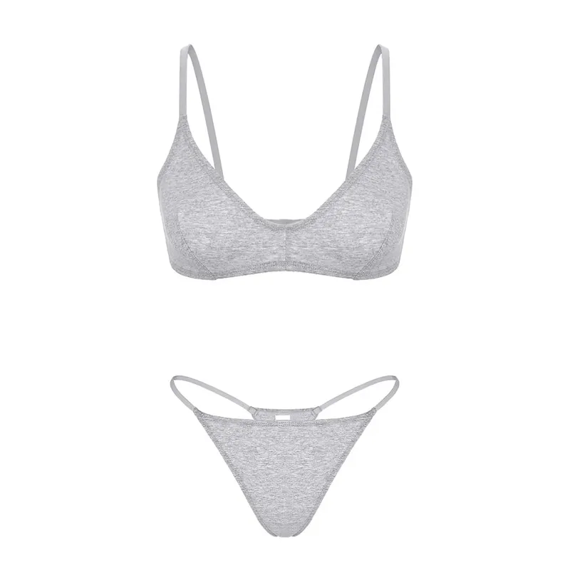 Varsbaby Women Cotton Bra Underwear Set Wirefree Backless Bra Sexy Thong Thin Strap G-strings Active Sports Set