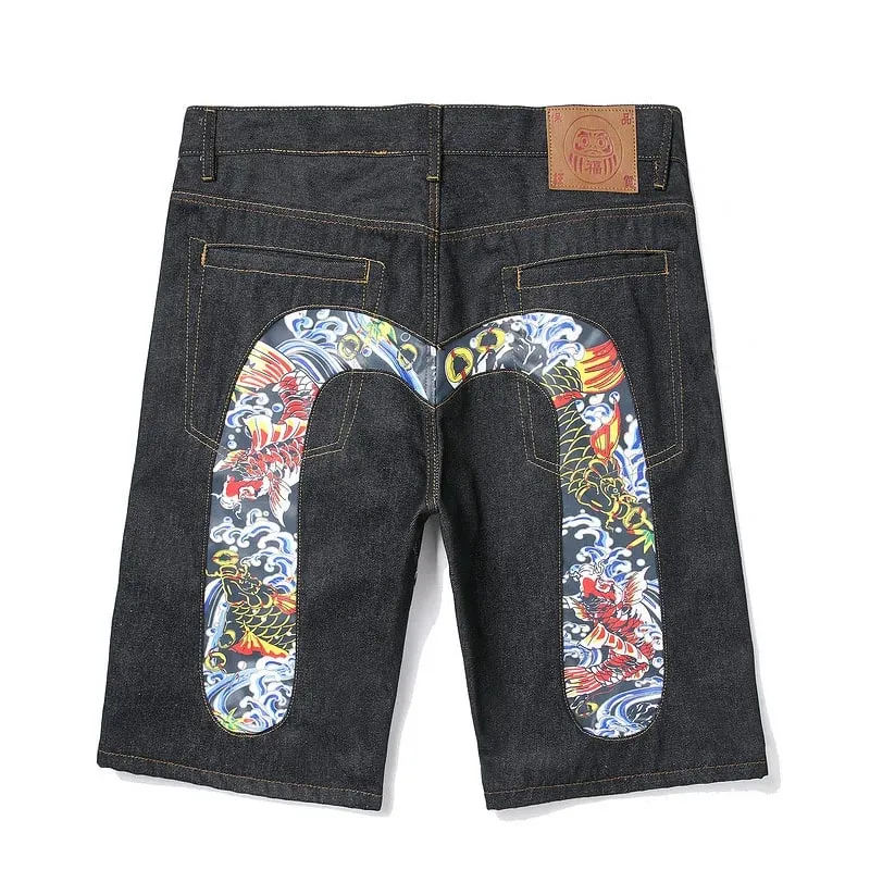Men Embroidery Denim Shorts Black Hiphop Jeans Pants Cherry Blossom Dragon Totem Washed Zipper Cotton Summer cherry blossoms 024 — image 11