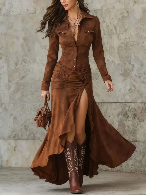 Abito elegante retrò in tinta unita per donna Primavera Autunno Moda Nuovo abito lungo con bottoni a bavero manica lunga asimmetrica con orlo grande