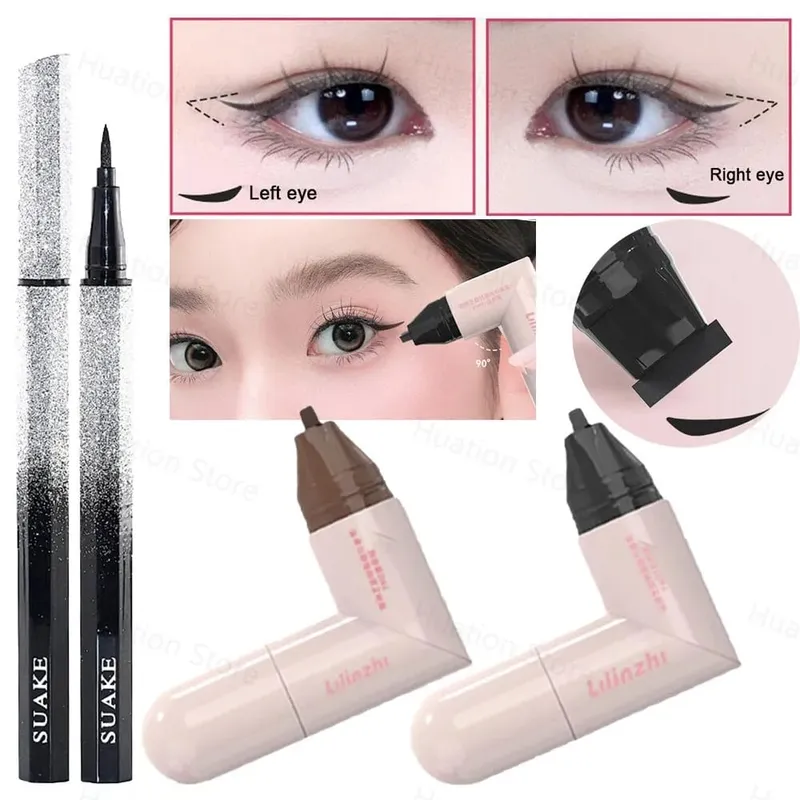 DIY Rotate Eyeliner Stamp Integrated Black Brown Dual-Tip Eyeliner Wing Stencil Waterproof Smudge-Proof Long Lasting Liquid Pen