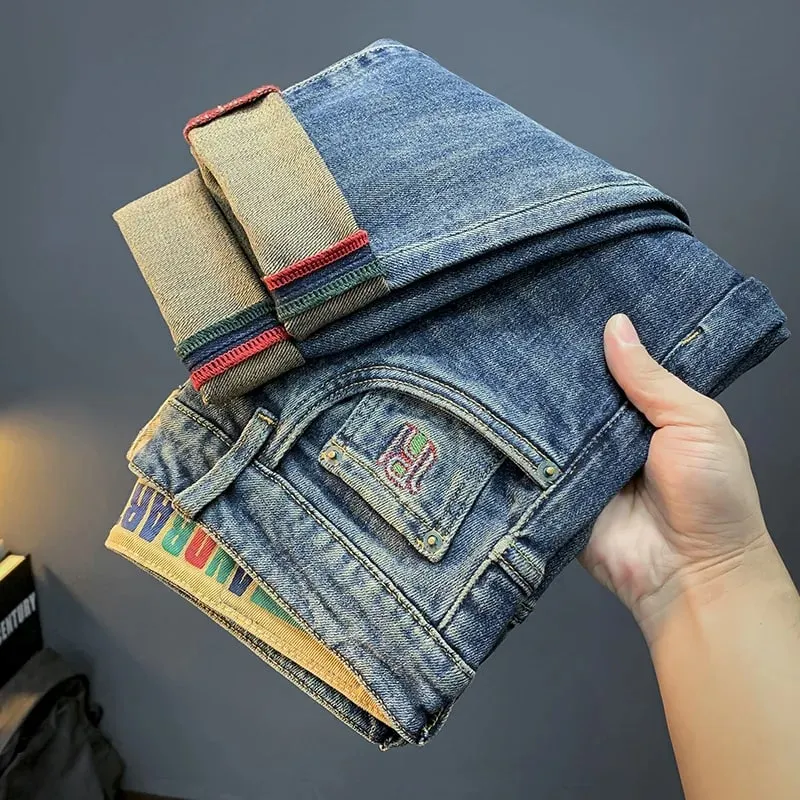 Fleece-Lined Thick Jeans Men's Winter 2023 New Casual Small Straight Pants Slim-Fit Fleece All-Matching Trousers — image 1