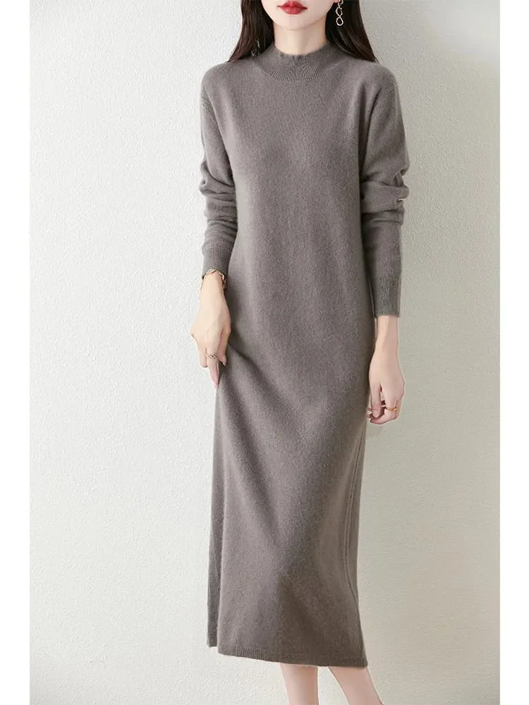 Autumn Winter Women's Wool Long Dress Cashmere Mock Neck Pullover Sweater 100% Merino Wool Soft Knitwear OL Simple Basic Dress — image 3
