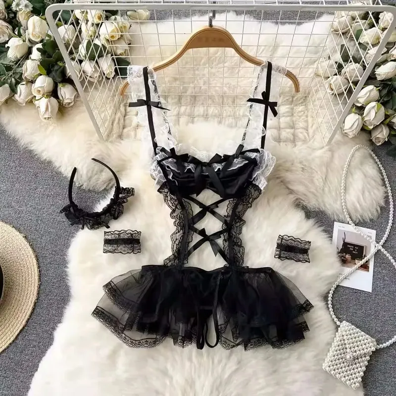 Women' Halter Neck Sleeveless Playsuit Sexy Cute Cow Black And White Contrast Bodysuit Hollow Lace Up Backless Erotic Lingerie — image 29