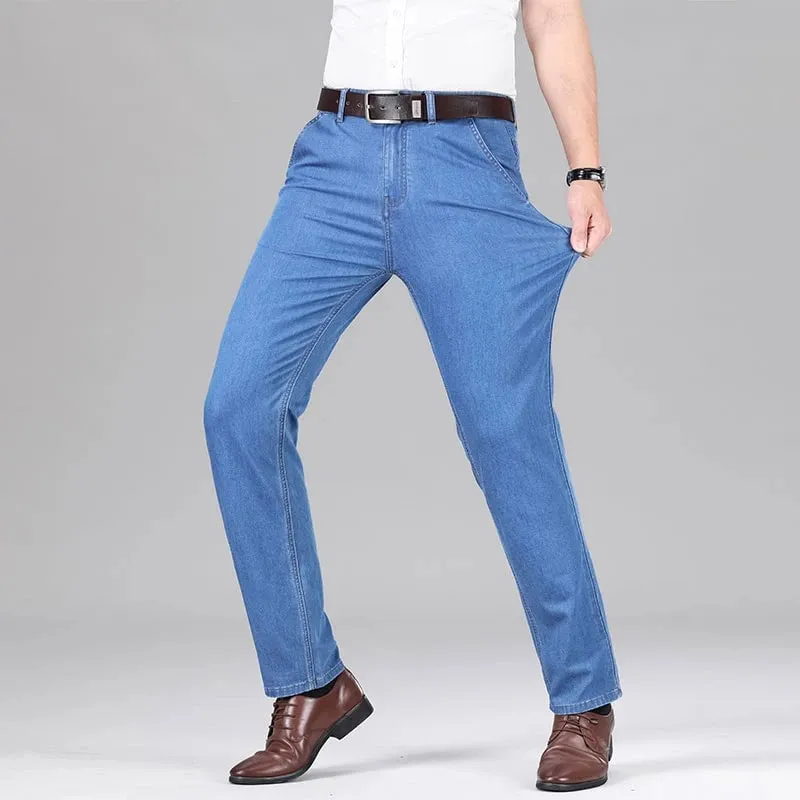 New Lyocell Fabric Jeans Men Summer Thin Business Straight Leg Loose Trousers Men's Casual Long Pants Large Size — image 3