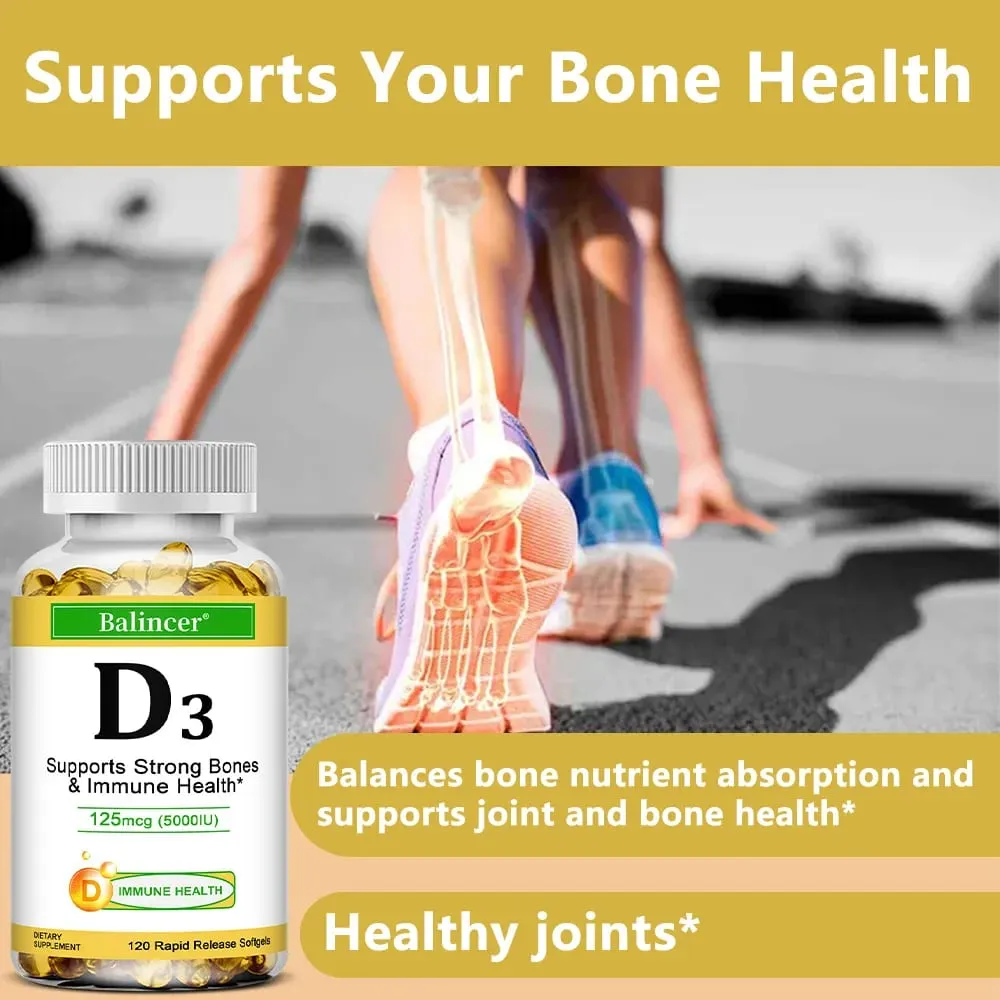 Balincer Vitamin D3 5000 IU (125 Mcg) Dietary Supplement for Bone Teeth Muscle and Immune Health Support 30/60/120 Softgels — image 3