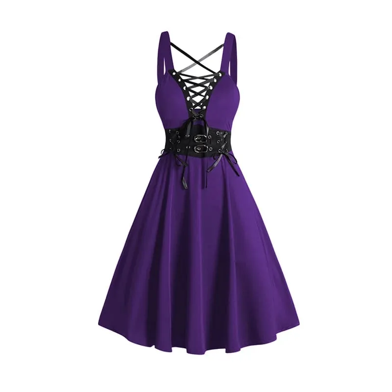 2025 Womens Gothic Dresses Sets Solid Color Open Front Crop Jacket and Lace Up Buckle Strap Crisscross Dress Outfit — image 11
