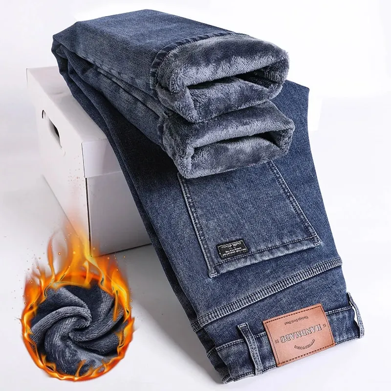 Winter Fleece Thick Warm Jeans Men's Slim Straight Elastic Denim Pants Casual Male Clothing Fashion Plush Trousers — image 1