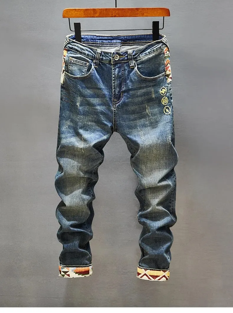 Stitching Embroidered Printed Jeans Men's Cool Smart Street Fashion Design Pattern Slim Fit Feet High-End Washed Trousers — image 8