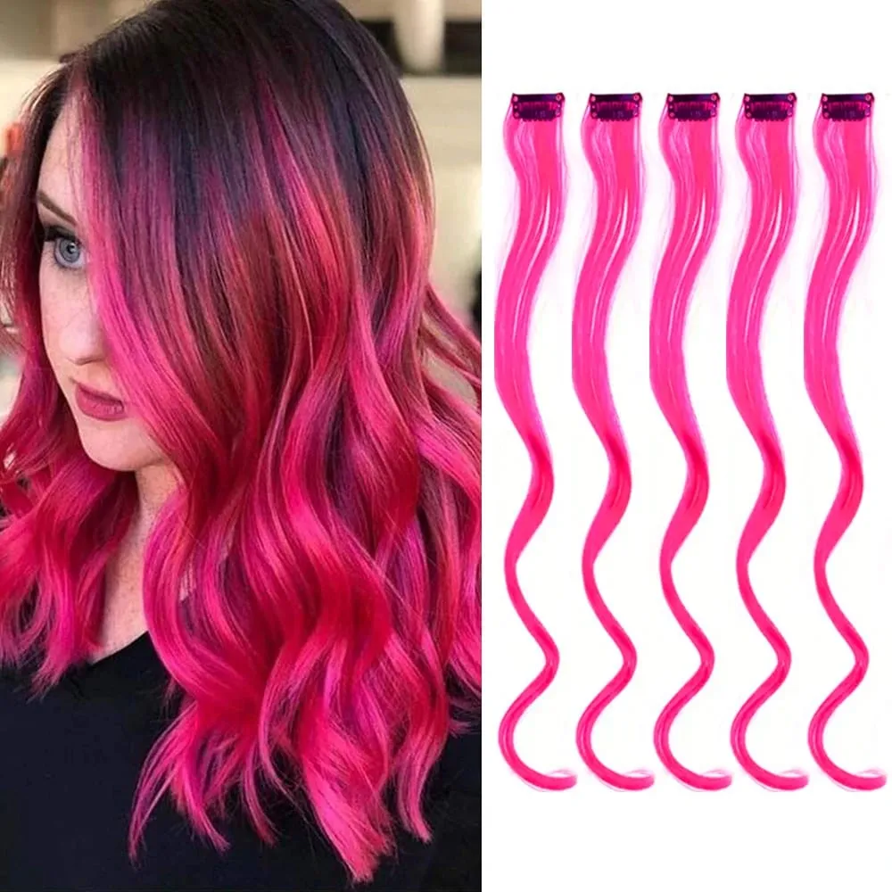 5Pcs Colored Hair Extensions Party Highlights Curly Wavy Hairpiece Clip In Synthetic Streak For Girls Women Halloween Wig