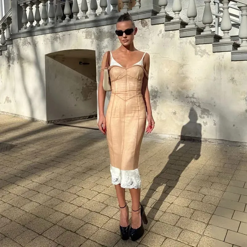 Kvinder Blonde Patchwork Sling Kjole Mesh Midi Cover-up Se Gennem ærmeløse Spaghetti Strap Kjoler 2026 Sommer Sexy Chic Wear