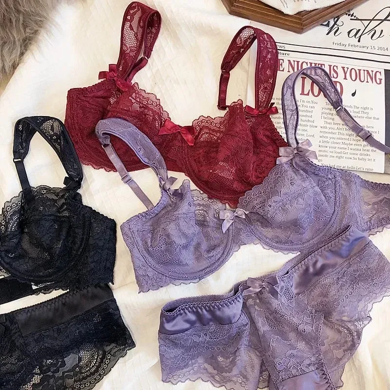 French Romantic Ultra-thin Lace Sexy Transparent Gathering Big Breasts Show Small Underwire Bra Cover Underwear Set Women — image 5