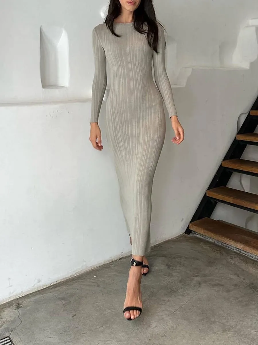 Women Spring Autumn Solid Color Bodycon Knit Dress Long Sleeve Crew Neck Ribbed Dress Slim Fit Long Dress — image 2