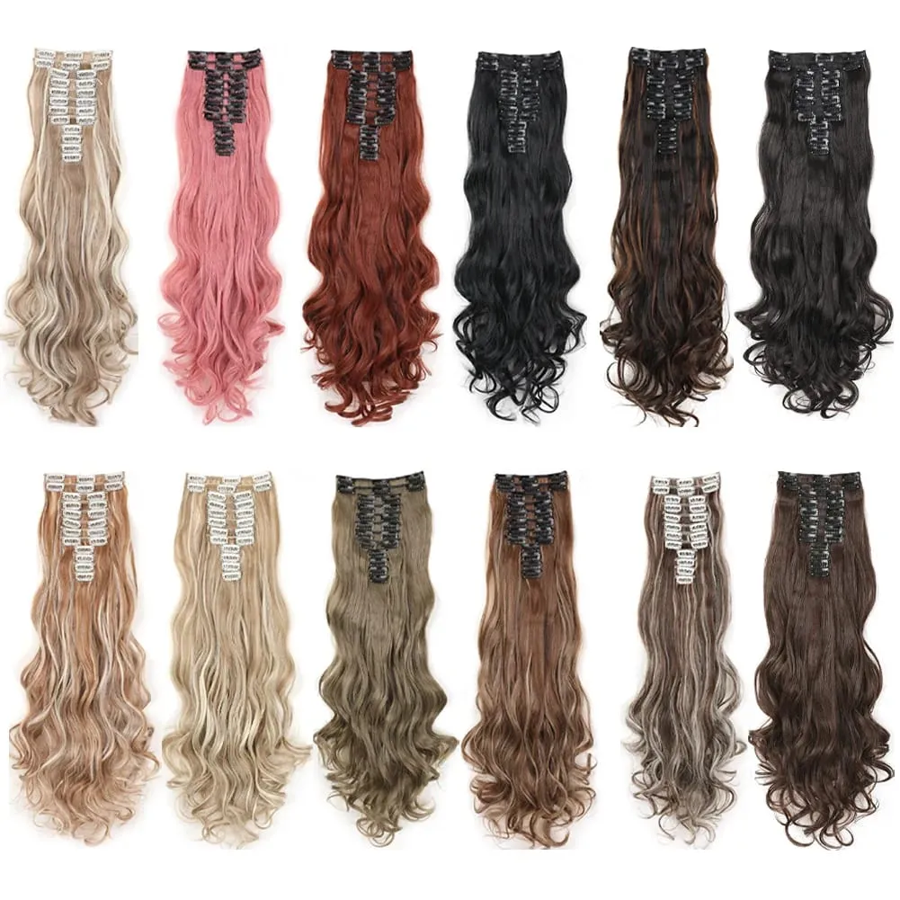 12pcs Highlight Balayage Dark Brown Hairpieces Clip in Hair Extensions 24inch Light Brown&Honey Blonde Synthetic Wavy Hair — image 5