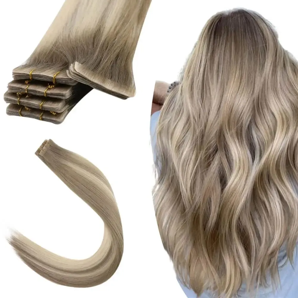 [12 Months] Invisible Seamless Injection Tape Hair Extensions Virgin Hair Whitest Blonde 10A Quality Long Uselife
