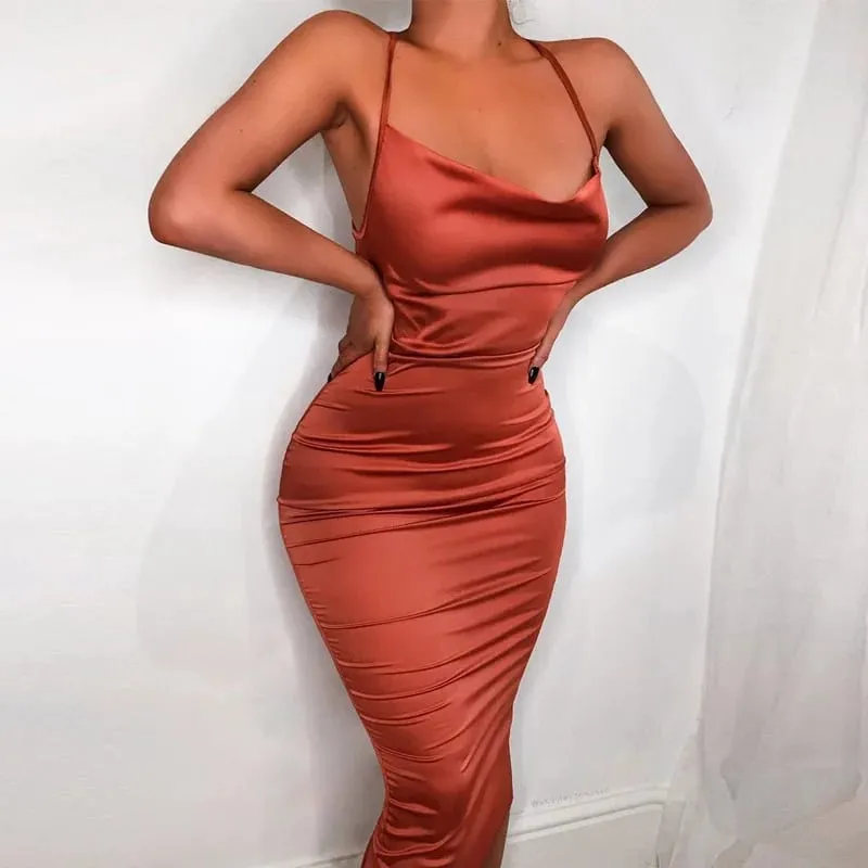Neon Satin Lace Up Women's Long Midi Dress Light Pink Bodycon Backless Elegant Party Sexy Club Clothes 2022 Summer Dinner Outfit — image 3