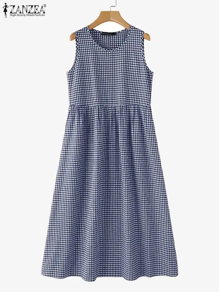 Summer Plaid Checked Sundress Sleeveless Bohemain Holiday Dresses Women Elegant O Neck Dress Casual Baggy Work Vestidos — image 6