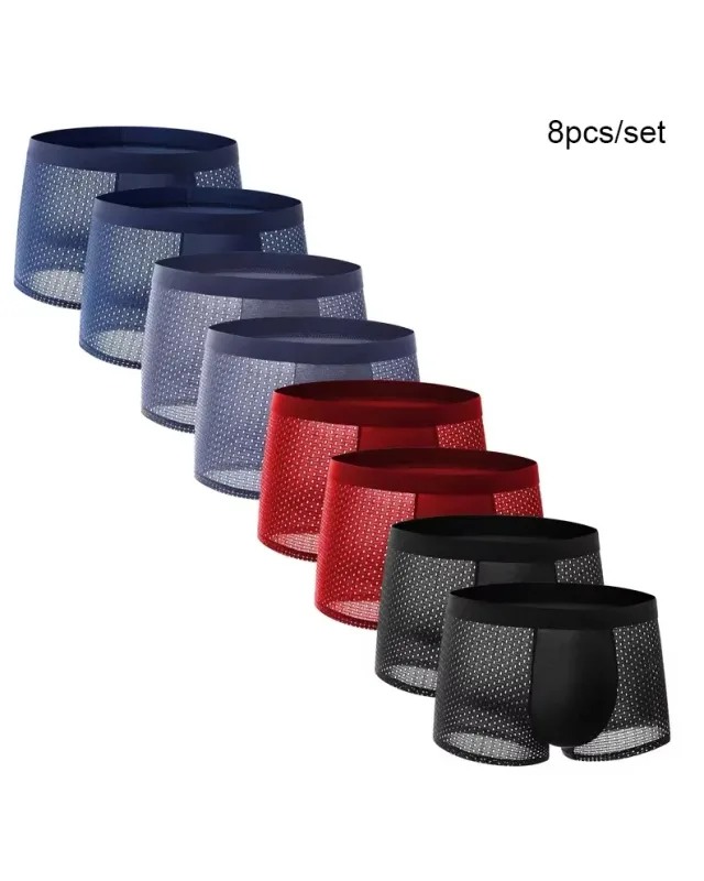 8 ชิ้น/เซ็ตผู้ชายชุดชั้นในผ้าไหมน้ำแข็งตาข่ายกางเกงผู้ชายBreathable Tracelessกางเกงแฟชั่นชายสีทึบนักมวยกางเกงขาสั้น