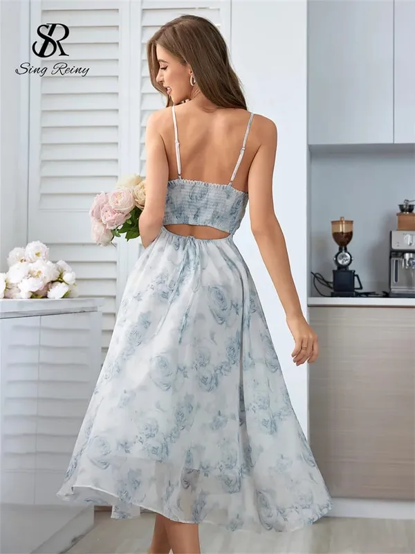 Frauen Floral Spaghetti Strap Kleid Elastische Geraffte Sexy Hohl Backless Party Kleid Sommer Boho Urlaub Strand Sommerkleid — image 6