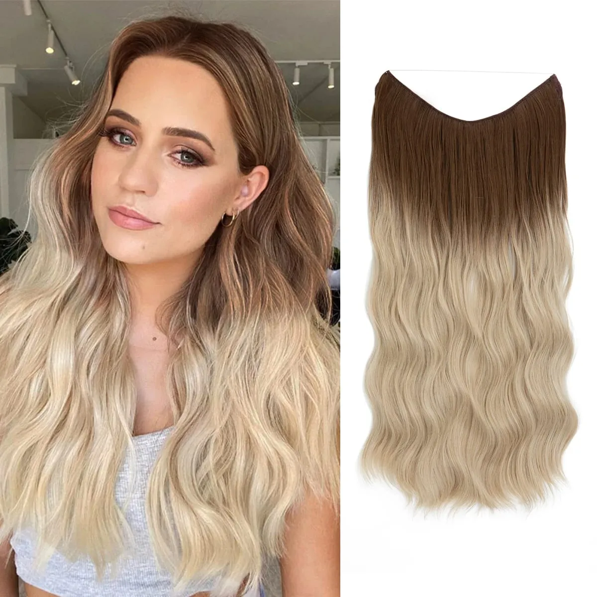 Synthetic Wave Invisible Wire With Clips Hair Extensions Fish Line Natural Blonde Clip In Hairpiece Fake Hair Piece — image 28