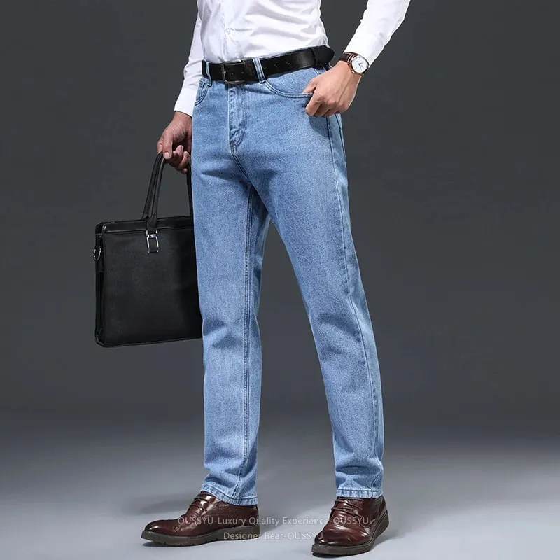 Luxury Quality Autumn Winter 100%Cotton Men's Jeans Business Denim Pants Straight High Waist Father Trouser Male Plus Size 40 42