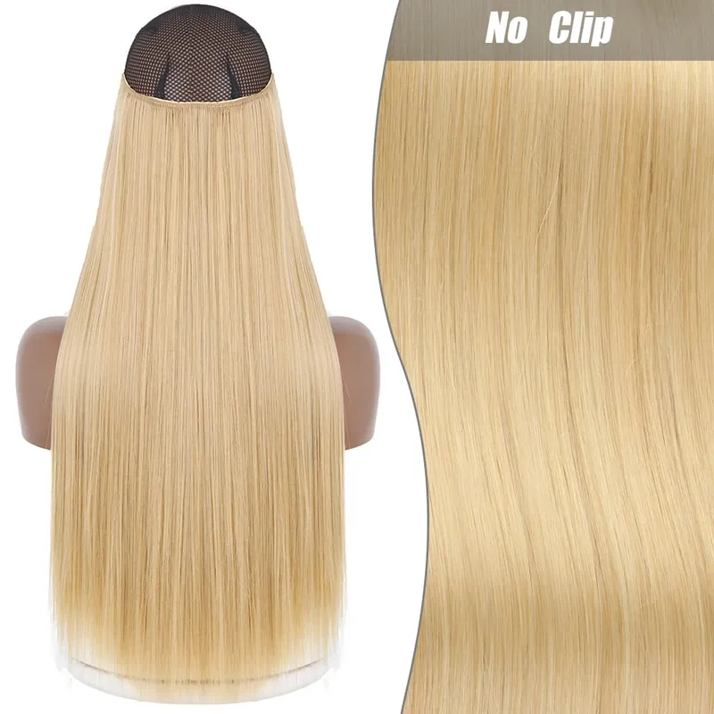 Synthetic Long Wavy No Clips Invisible Wire Hair Extensions Black Brown Blonde Fish Line False Hairpiece Piece — image 23