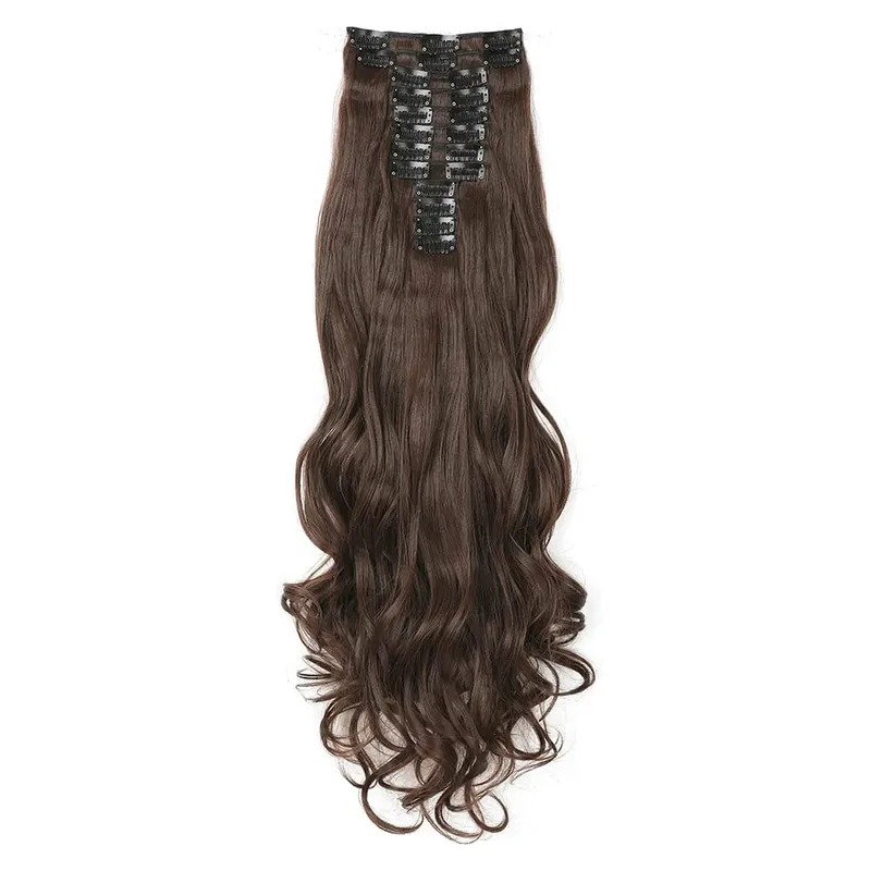 12pcs Highlight Balayage Dark Brown Hairpieces Clip in Hair Extensions 24inch Light Brown&Honey Blonde Synthetic Wavy Hair — image 14