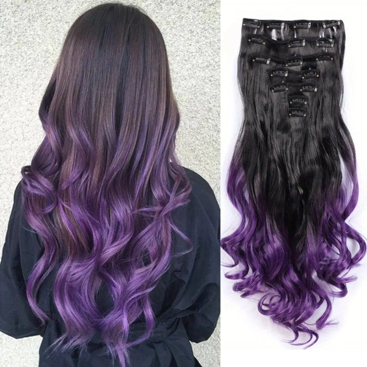 Clip in Hair Extensions Ombre Color Synthetic 7pcs Set Wavy Curly Hairpieces Black to Purple For Women Girls — image 1