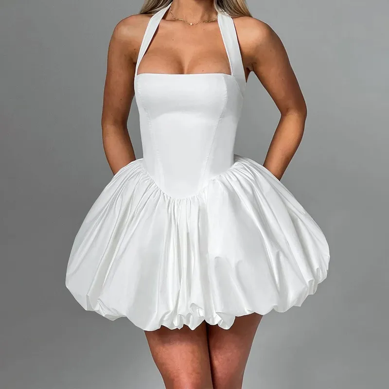 Women Bubble Halter Mini Dress Elegant Summer Sleeveless Tie up Backless Corset Evening Party Club Short Dress Y2K Streetwear — image 2