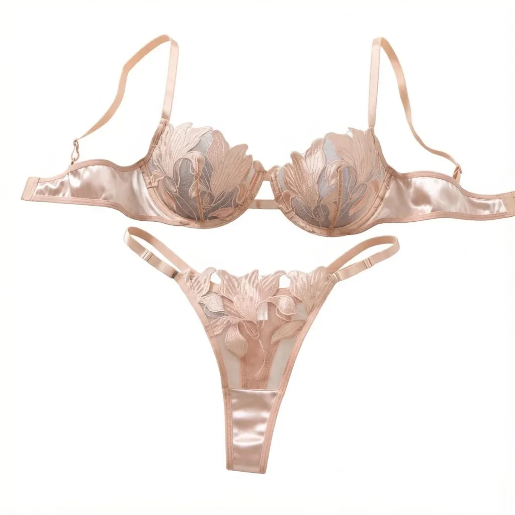 Champagne broderie florale ensemble de Lingerie Satin maille soutien-gorge à armatures string femmes sous-vêtements intimes lune de miel Boudoir ZA824031 — image 2